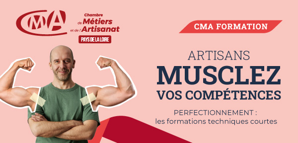 bandeau image homme avec des gros muscles scotchés | Artisans, musclez vos compétences | Perfectionnement : les formations techniques courtes